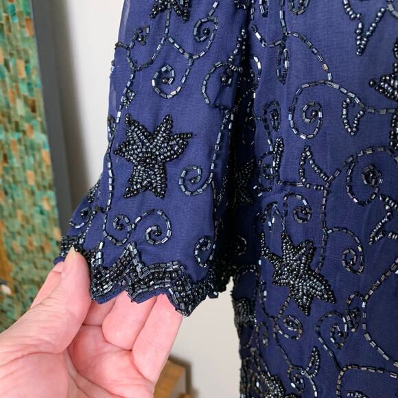 Vintage Stenay Plus Size 14 Women's Beaded Long Dress Blue Cocktail Formal - Picture 7 of 10